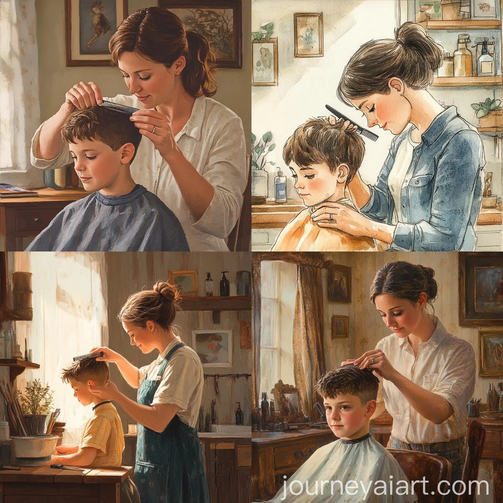 Mother-Gently-Trimming-Sons-Hair-with-Clippers-at-Home