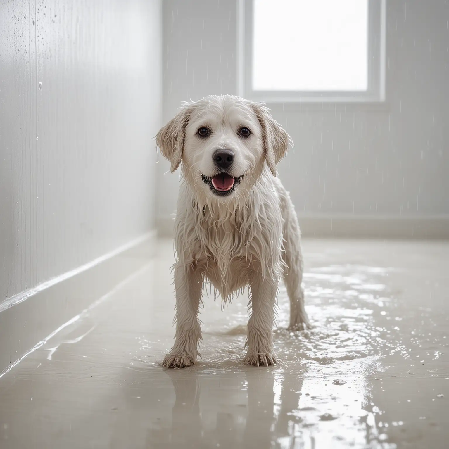 white room with a wet dog shaking itself