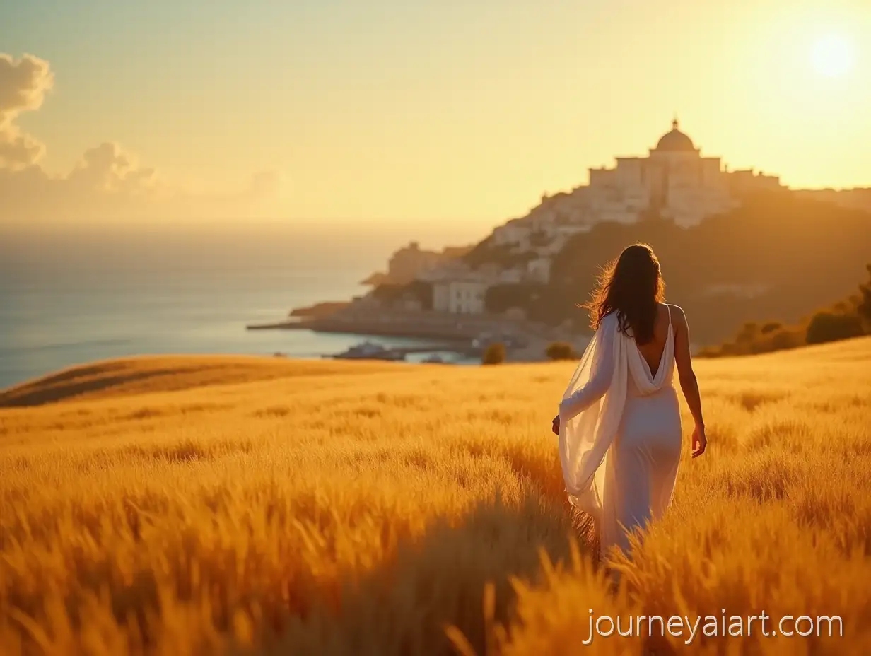 Ancient-Greek-Woman-Walking-Through-ElysianElysian-Fields-with-Woman-Fields-at-Sunrise