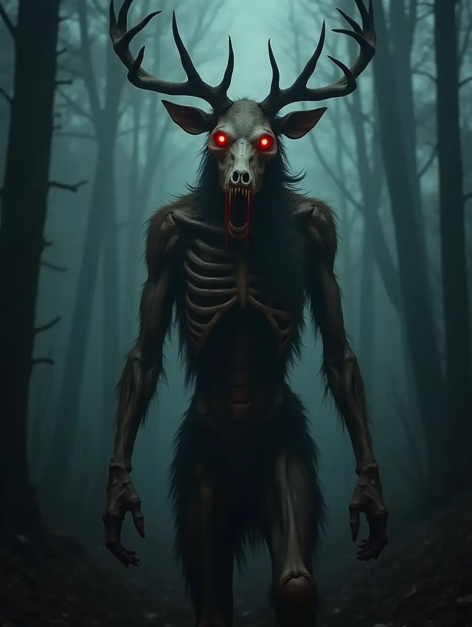 Full-Body-Wendigo-in-Foggy-Forest-at-Night-with-Bloody-Fangs-and-Deer-Skull