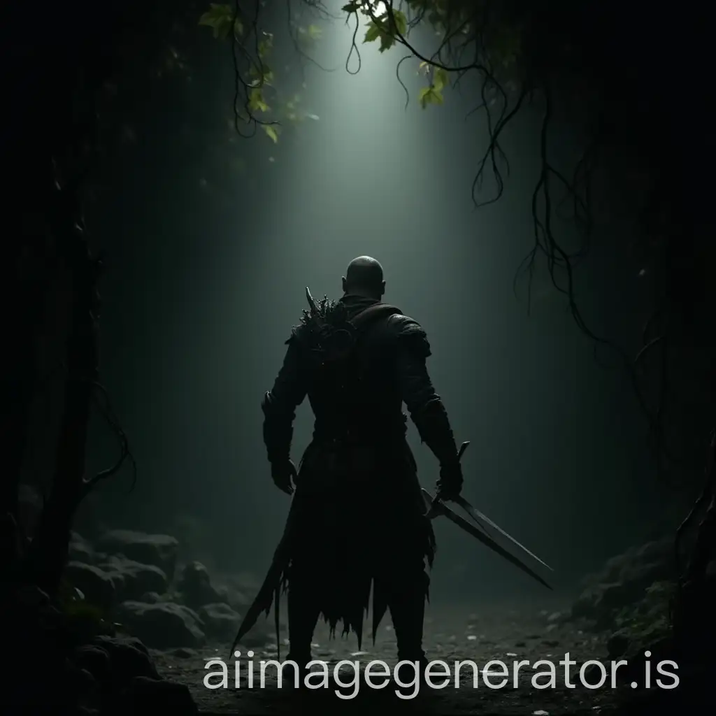 Warrior-Standing-in-Darkness-with-Sword-and-Vines