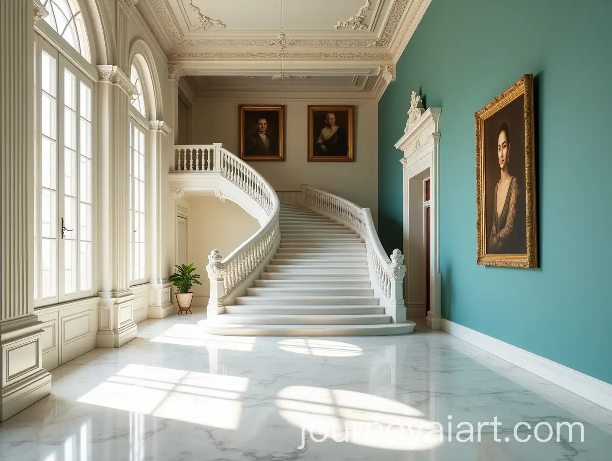 Ivory-Neoclassical-Palace-Front-Hall-with-Antique-Marble-Floor-and-GoldFramed-Photographs