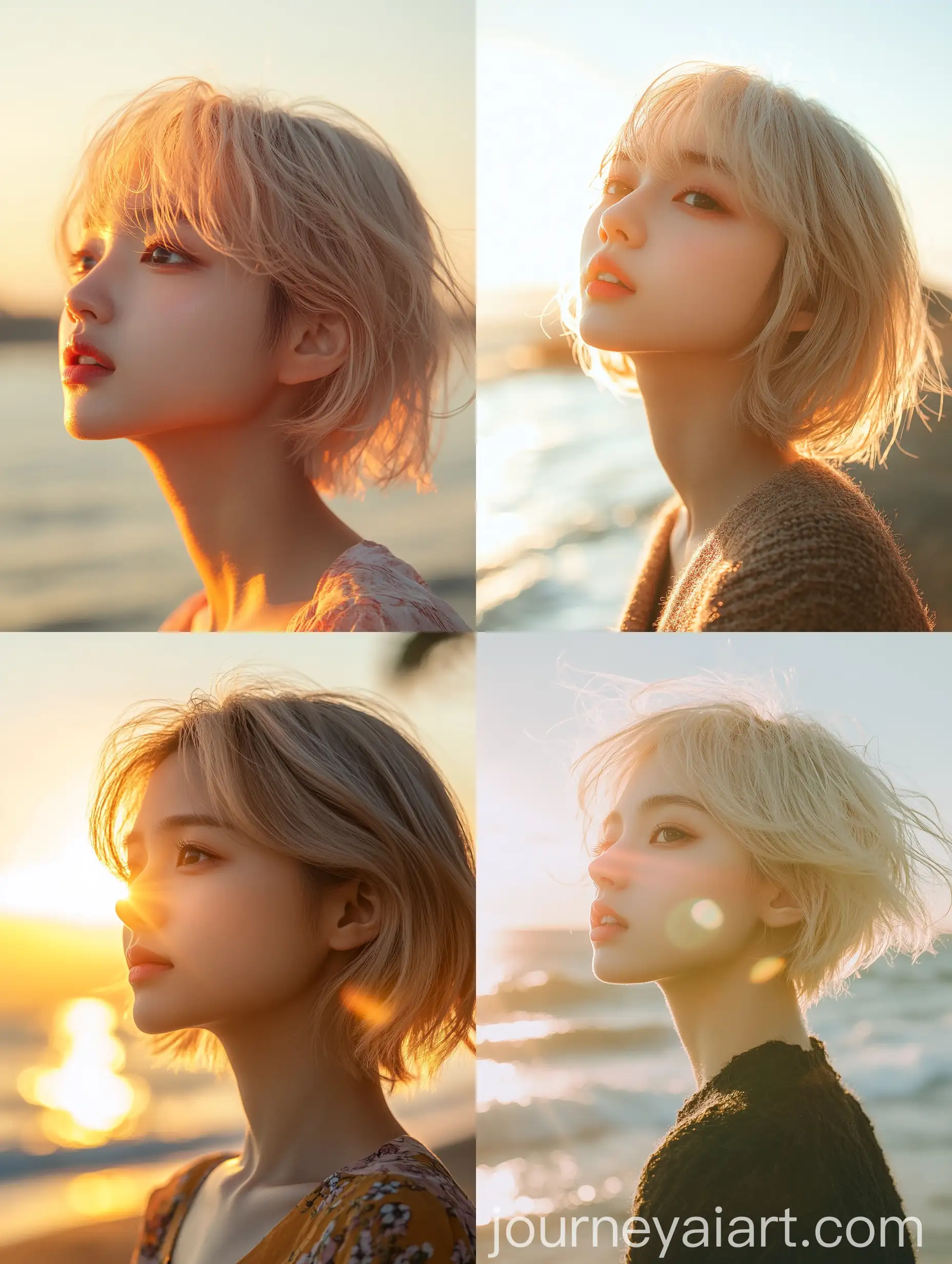 Young-Asian-Woman-with-Blonde-Short-Hair-Looking-at-Sunlight-by-the-Sea