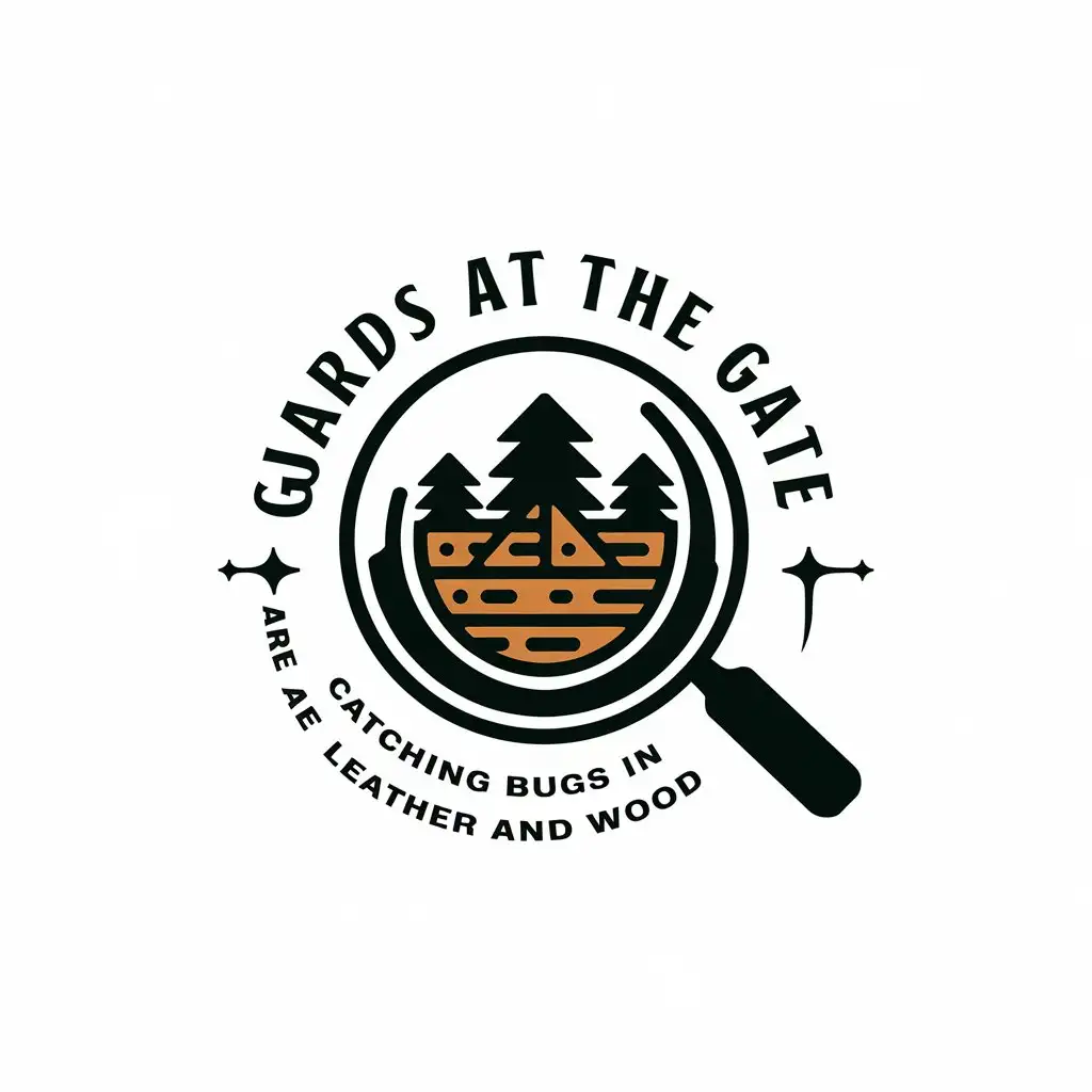 LOGO Design for Guards at the Gate Magnifying Glass Lumber Barges with Leather and Wood Theme