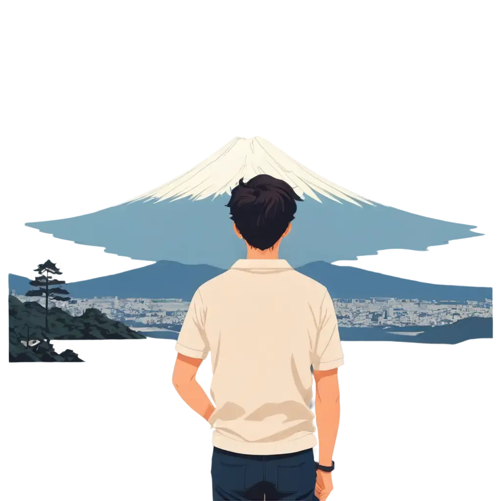 Stunning-PNG-Illustration-of-a-Man-Gazing-at-Mount-Fuji-in-Japanese-Anime-Style