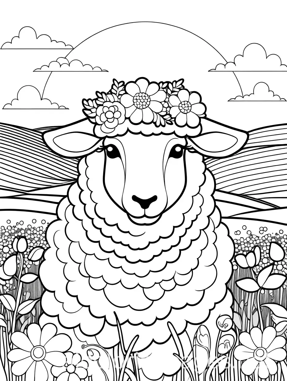 sheep wearing a flower crown in a flower field, Coloring Page, black and white, line art, white background, Simplicity, Ample White Space. The background of the coloring page is plain white to make it easy for young children to color within the lines. The outlines of all the subjects are easy to distinguish, making it simple for kids to color without too much difficulty