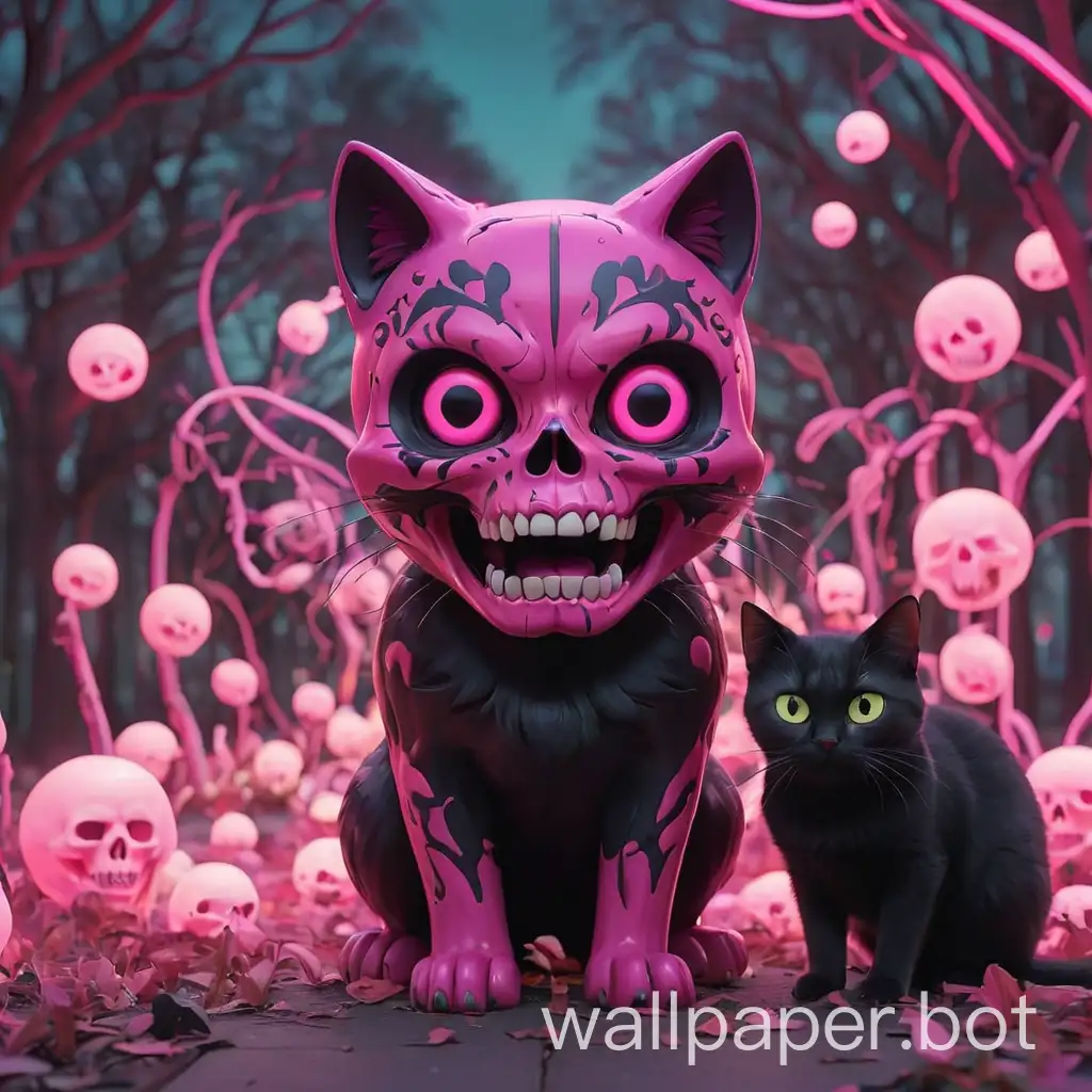 a pink skull and a black cat in a park of neon colored lights