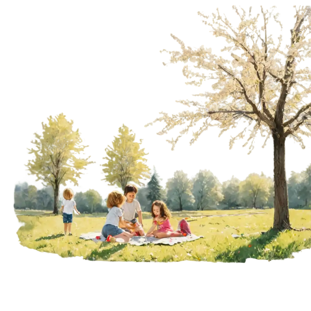 Bright-Sunlit-Yard-with-Children-Playing-and-Blooming-Tree-PNG-Image