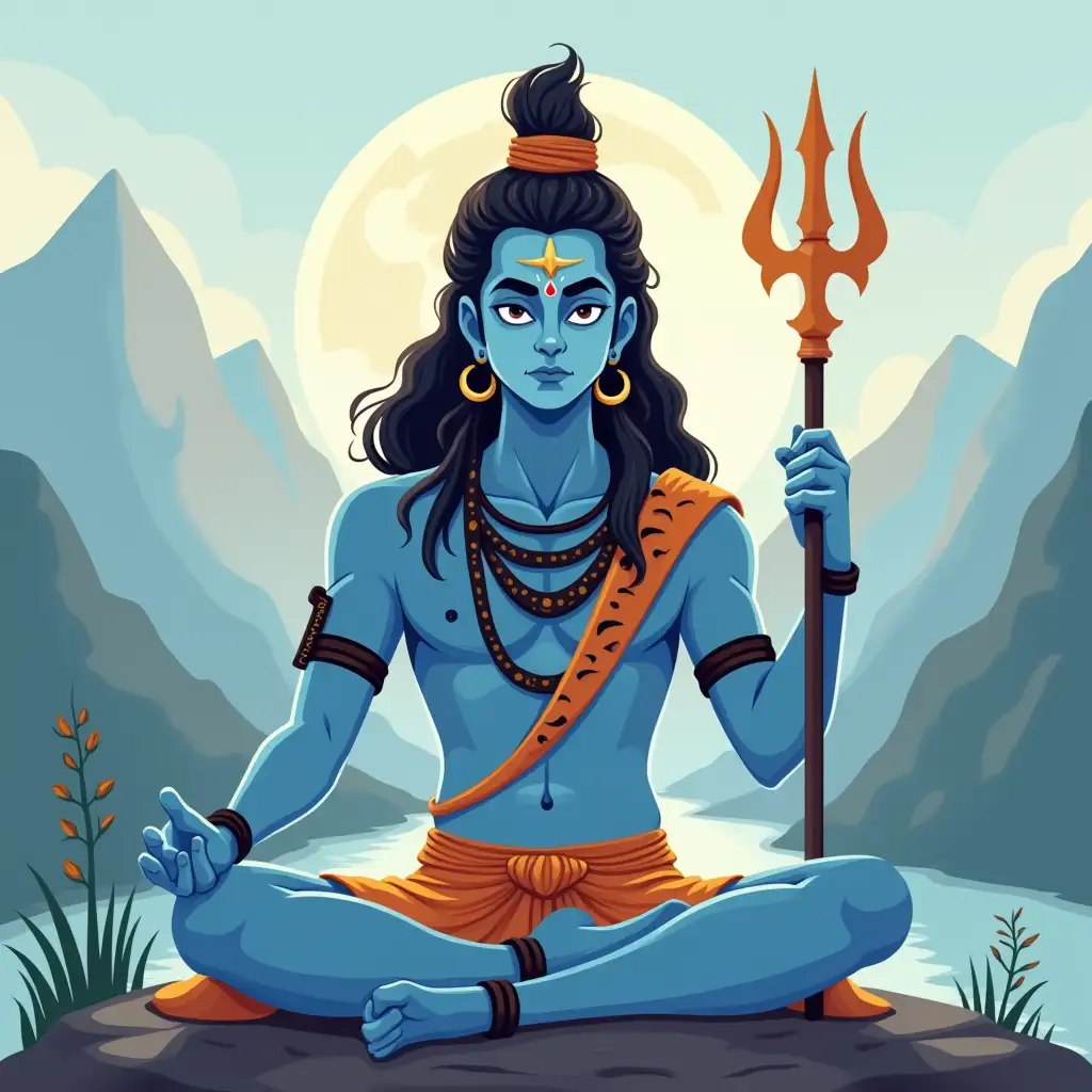 Lord-Shiva-Meditating-with-Trident-Snake-and-Crescent-Moon-in-Stylized-Animation-Art