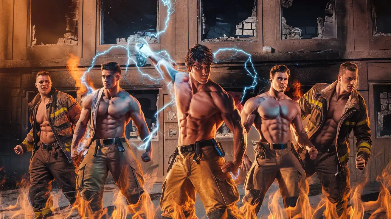 A group of firefighter musclegods possess awesome Olympian superpowers. 27 years old. Luminous blue electricity. Photorealistic.