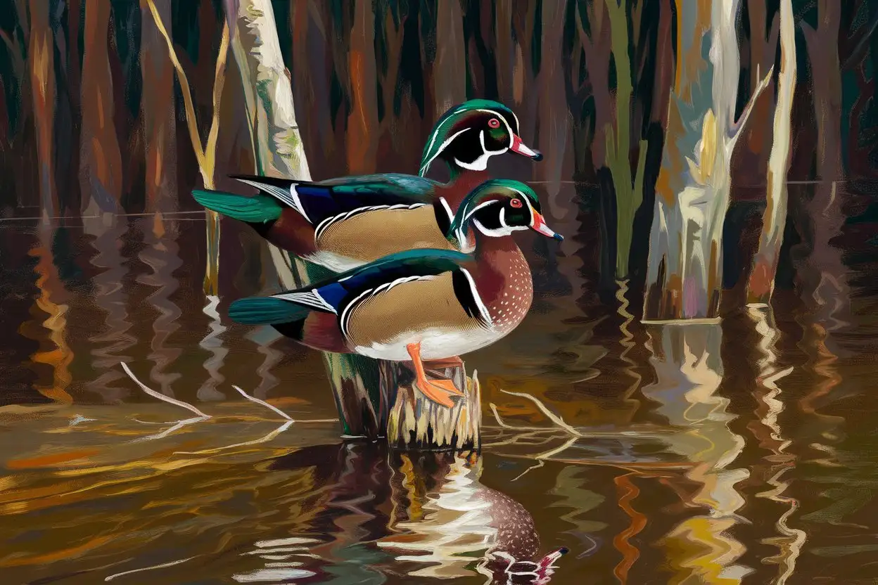 a terry redlin impressionist style sketch of two wood ducks roosting on a tree sticking out of the water along the bank, in the deep dark forest of flooded woods