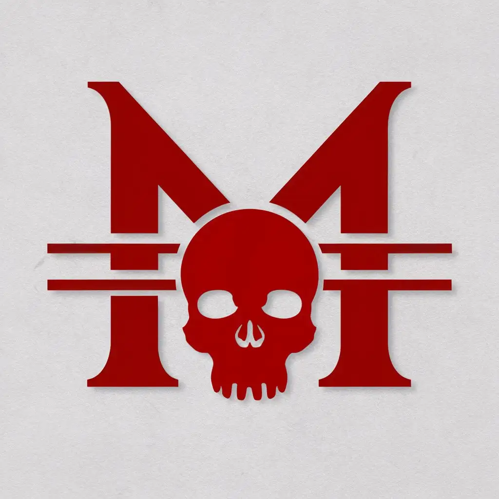 a logo design,with the text "Ordo Memorium", main symbol:Big red capital letter M with three thin horisontal lines crossing it in the middle. In front of it stylized human skull without lower jaw.,Minimalistic,be used in Religious industry,clear background