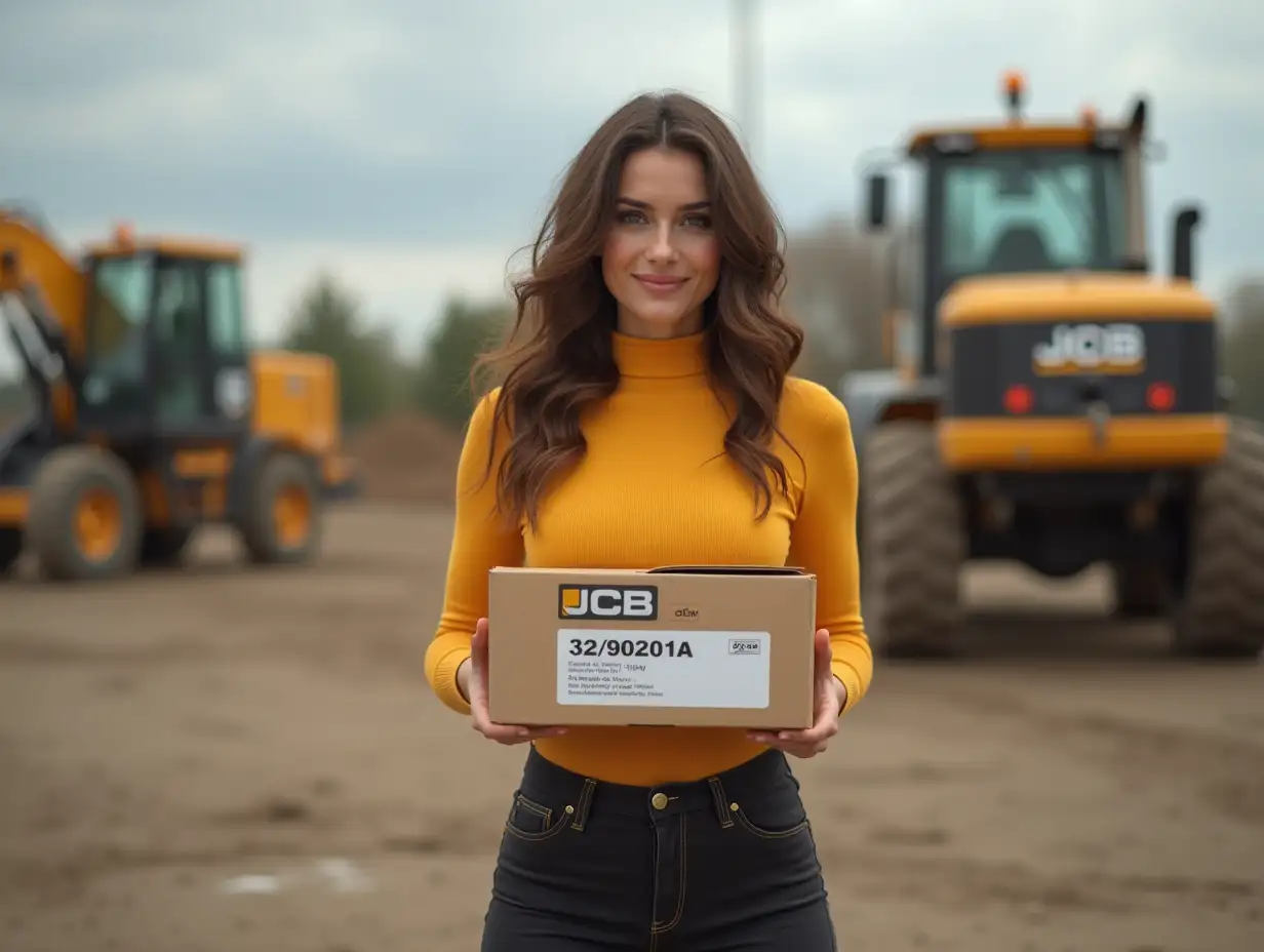 An incredibly beautiful European woman with a charming smile is dressed in tight clothes that accentuate her figure. In her hands she holds a large JCB filter box, on which the label 'JCB 32/902301A' is clearly visible. In the background we see a construction site and a JCB excavator. A high-quality 8K image and a professional camera enhance the overall look of the picture by focusing on a box labeled JCB 32/902301A.