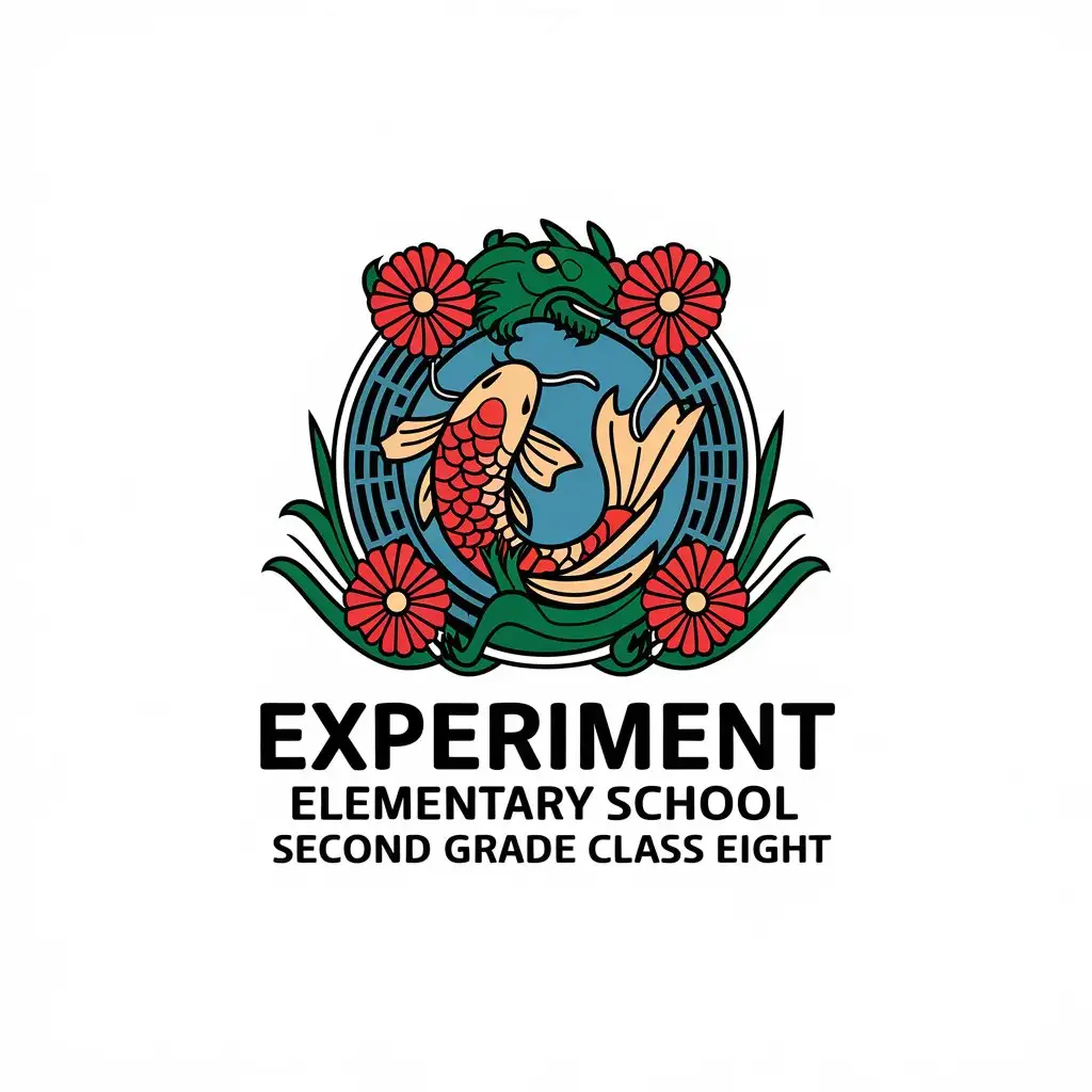 a vector logo design,with the text "experiment elementary school second grade class eight", main symbol:Koi and dragon gate flowers should have a round frame and be colorful,complex,be used in Education industry,clear background