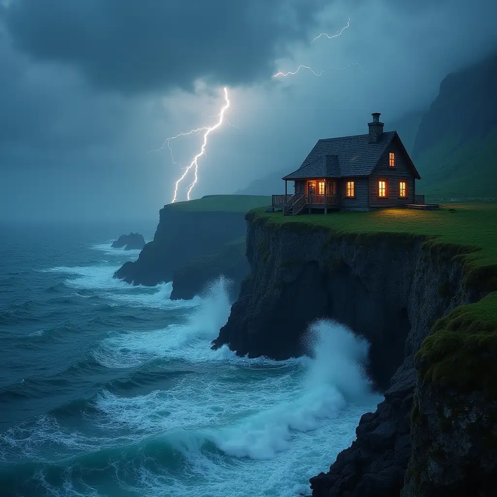 A wooden house on a cliff edge with raging seas and stormy skies. Lightening is striking the ground