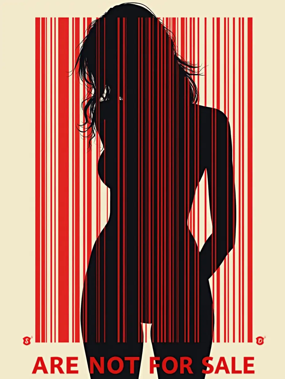 Create a conceptual image against violence against women, using the bar code element as a symbol of objectification and exploitation. Integrate a stylised female silhouette that interacts with the bar code: for example, the code could become a ‘cage’ or overlap the body, emphasising lack of freedom and control. Use strong, contrasting colours, such as red and black, to evoke a sense of urgency and alarm. Include a hard-hitting message such as ‘Women are not for sale’ or ‘Stop