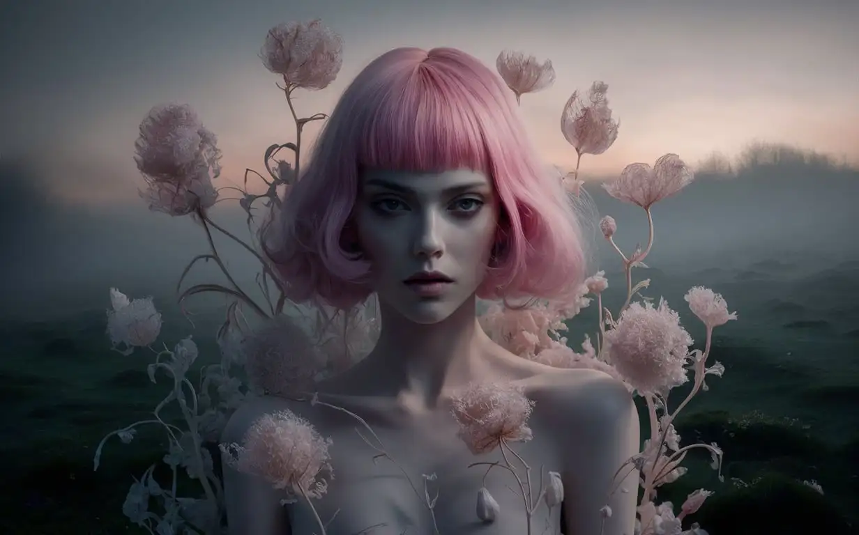 Ethereal-Portrait-of-a-Model-with-Pink-Hair-in-Misty-Countryside-Dawn