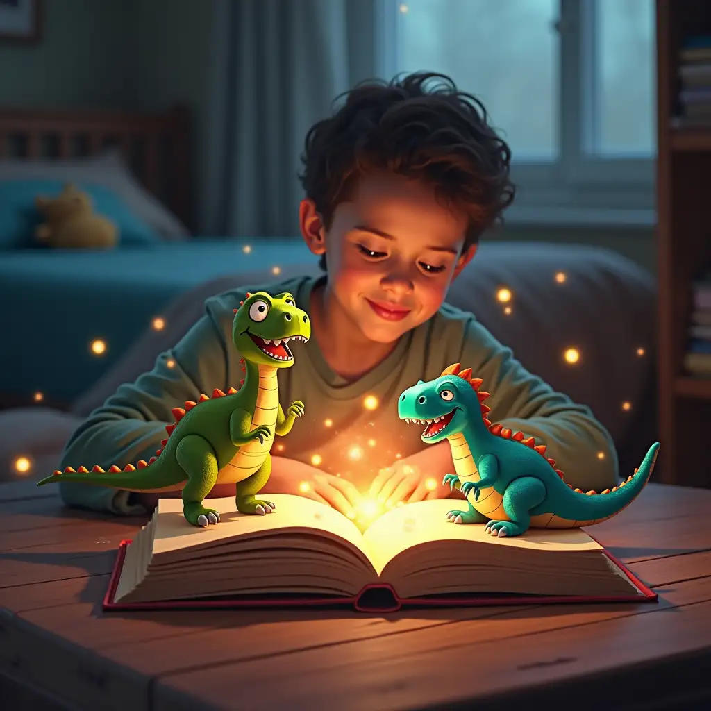 Magical-Book-in-Kids-Bedroom-with-Superheroes-and-Cute-Dinosaurs-Emerging