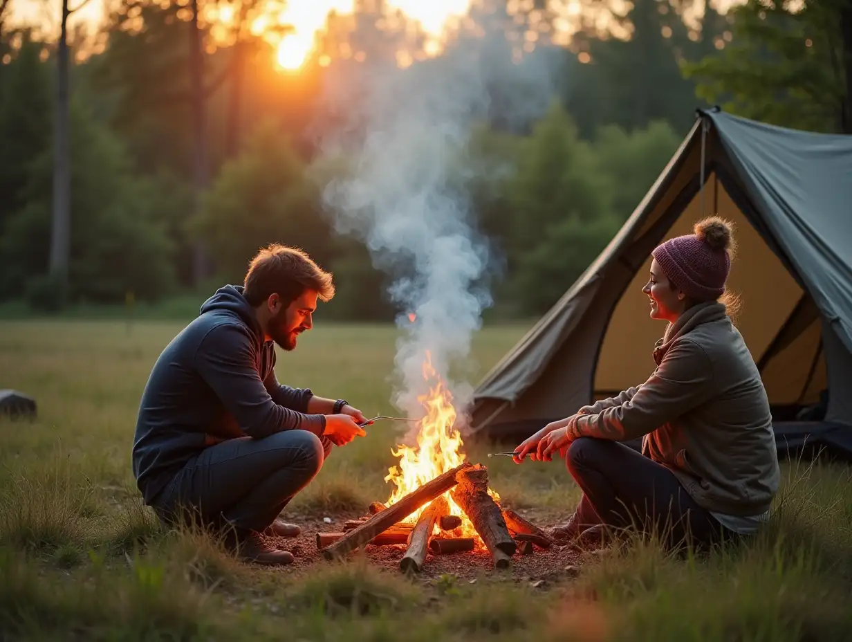 Couple, campfire and wood with smoke in nature by tent on grass field for outdoor vacation, holiday or weekend. Man preparing fire by woman for camping leisure, summer getaway or sunshine at forest