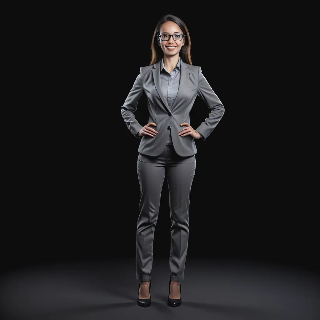 a female technology expert posing. Full body length. Black background and the expert is a high fidelity illustration using grey tones only. you can see full body. she's looking at the camera. she's wearing business casual