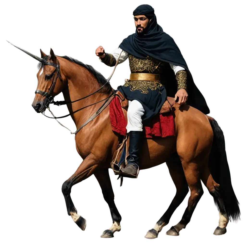 Create an illustration of Islamic hero Khalid bin Walid riding a horse full with his battle uniform. His appearance can be referred to desert Arabia clothes back in 7 century AD