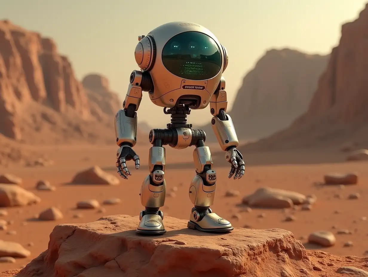 Create a high-resolution, realistic image of the artificial intelligence great Robert with upper body legs and feet made of metal and glass head on a rock gears,lightwaveguides,led on a rock on Mars in 4k resolution