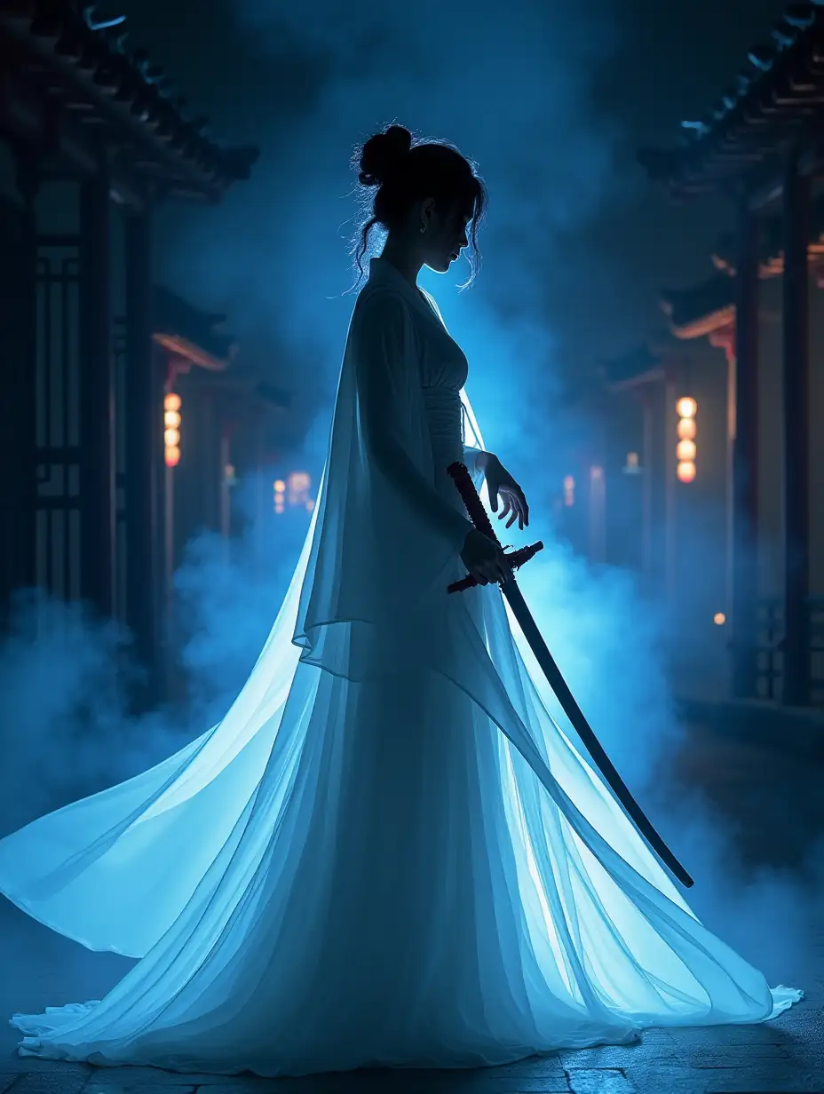 a beautiful chinese lady in white, a modern-day ronin, shrouded in neon-lit darkness. Her silhouette reveals a sorcerer possessed by a kind spirit, showing the world her great kindness