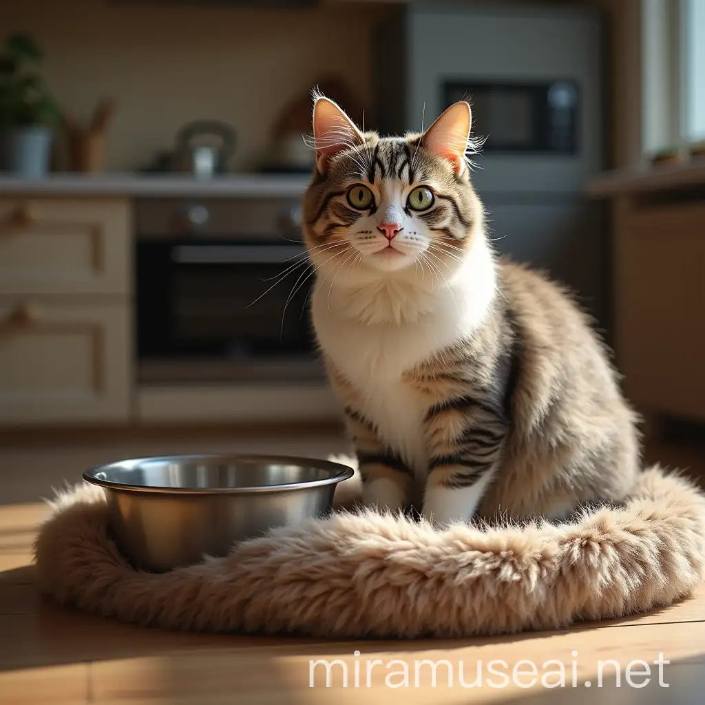 Big Fur Cat Sitting in Front of Empty Bowl in Kitchen with Soft Lighting