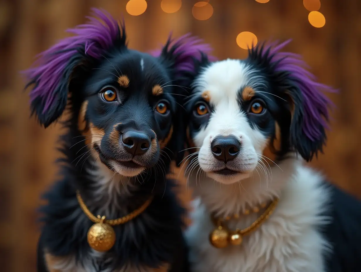 Two young black and white pattern Older dog with alien face, with purple hair, with a slight smile on his face, underlines her smile, modern retro jewelry, in a temple much gold various shades 4k