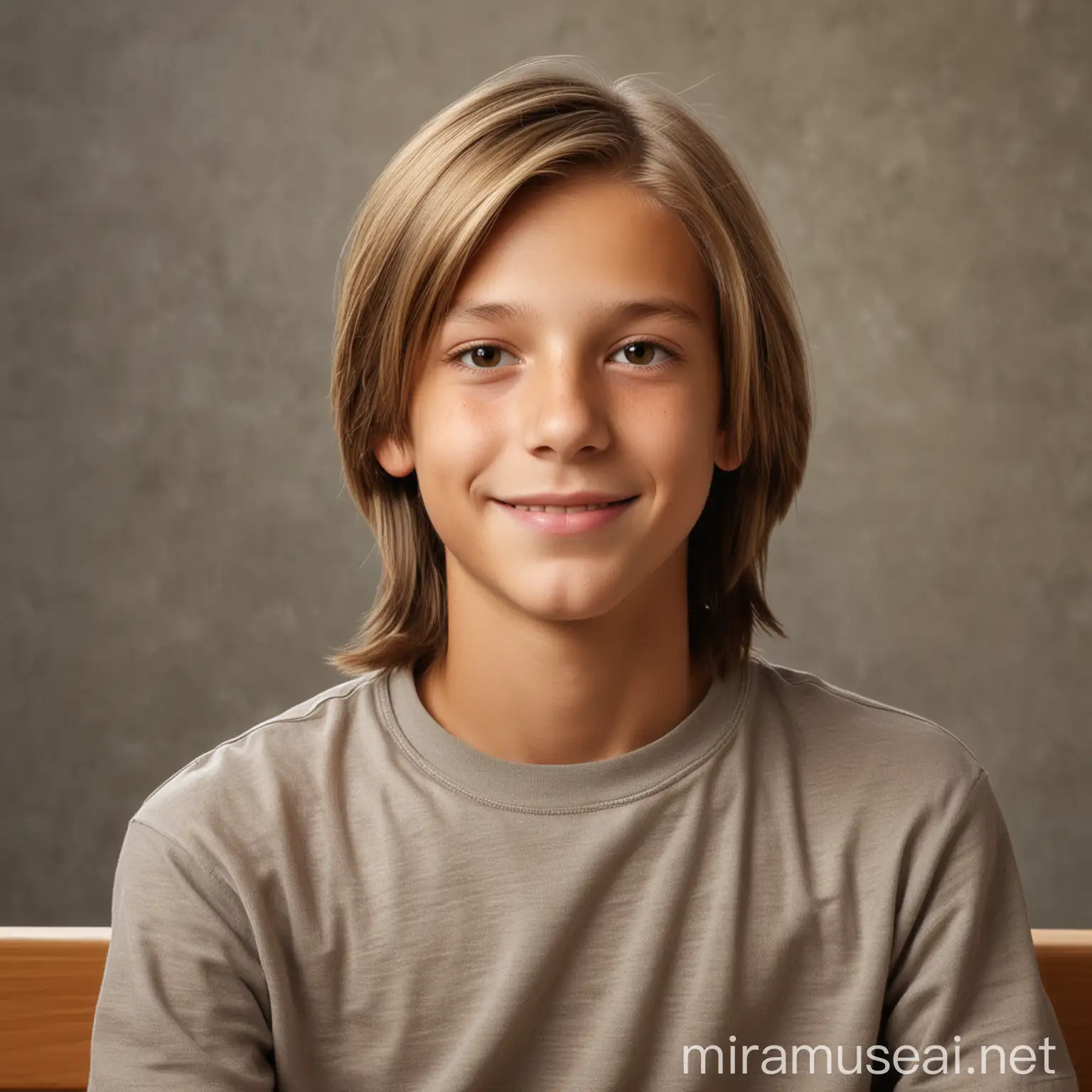 Happy ThirteenYearOld Boy Sitting for School Photo