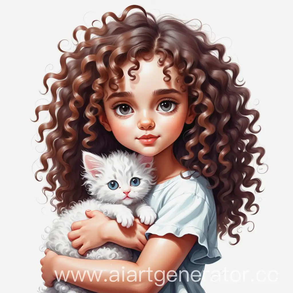 little cute curly-haired cartoon girl holding a kitten, white background, acrylic drawing, fashion style