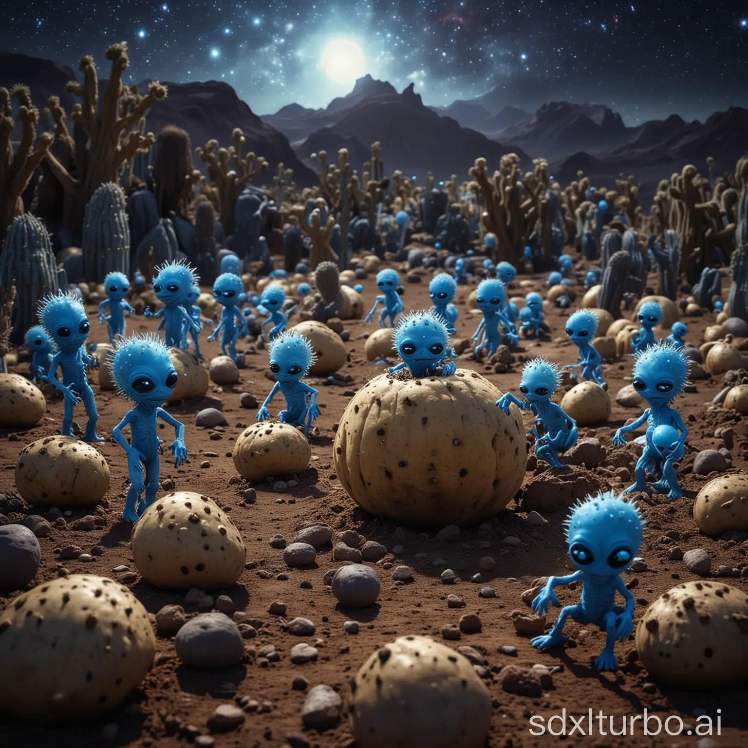 Blue-Prickly-Aliens-Playing-on-Potato-Playground-on-Alien-Planet