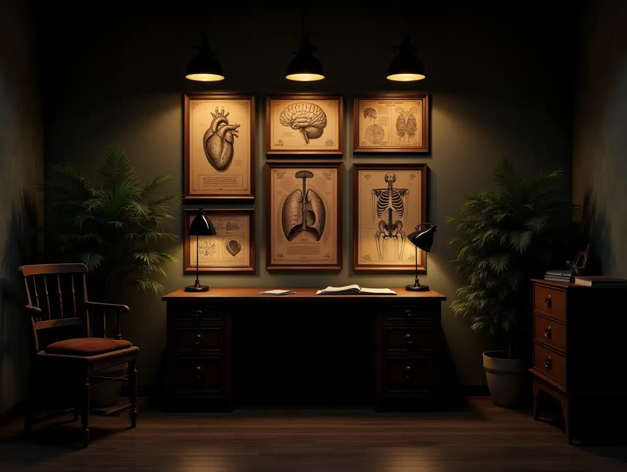 A dimly lit vintage office with a cinematic, moody atmosphere. The room has dark wooden flooring and textured, slightly aged walls, giving it a warm and nostalgic feel. Three industrial pendant lamps hang from the ceiling, casting a soft, warm yellow light that enhances the vintage aesthetic. On the back wall, framed vintage medical illustrations and health-related artwork are displayed—detailed anatomical drawings of the human heart, brain, lungs, and skeletal system, along with classic medical charts and faded scientific sketches. The artwork is aged, with slightly yellowed edges, blending seamlessly into the nostalgic setting. Instead of a desk, the room is subtly illuminated by two elegant floor lamps with warm light, positioned near the corners to enhance the depth of the space. Adding to the ambiance, a few indoor plants such as potted ferns and tall snake plants are placed strategically around the room, bringing a touch of freshness and contrast to the dark wooden elements. To the left, an old wooden chair sits near a small wooden filing cabinet, with a classic desk lamp providing a soft glow. The right side features another vintage wooden cabinet with scattered books and medical journals, reinforcing the intellectual and historical tone of the space. The overall setting is cinematic, vintage, and intellectual, evoking a sense of deep knowledge and medical history in a warm, moody environment.