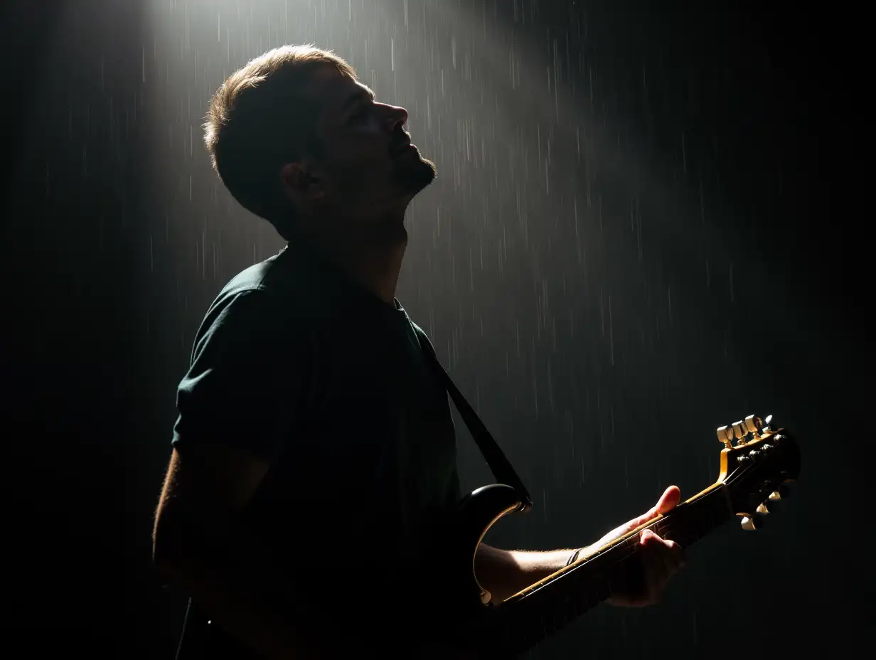 A man with a guitar doesn't look at his face, it rains, spotlights