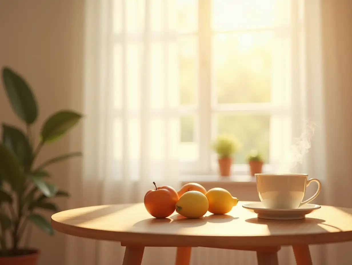 Consistent Wellness Glow A minimalist home interior featuring a wooden table with fresh fruits, a steaming cup of herbal tea, and sunlight streaming through white curtains, creating a cozy and inviting atmosphere. A subtle stack of wellness books sits nearby, emphasizing calm, balance, and smart choices. Hyper-realistic render, 4K photography, soft lighting with gentle bokeh, perfect depth of field for an intimate and focused vibe. Negative prompt: cluttered interiors, harsh shadows, overexposed light, flat textures, dull colors, chaotic arrangement, pixelation, artificial props, synthetic lighting, over-saturation, blurry elements, abstract settings, overly bright tones, chaotic scenes.