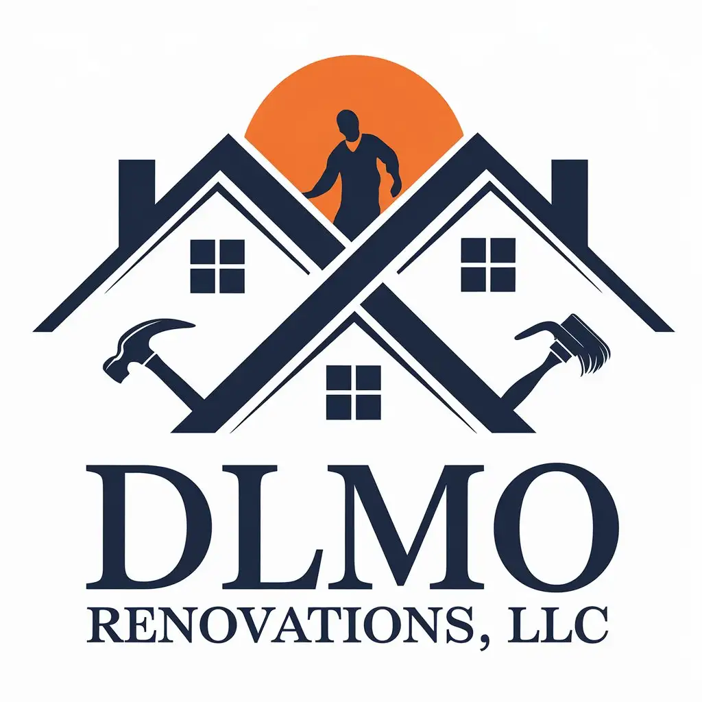 LOGO Design for DLMO Renovations LLC Home Repair Service with Orange Sun Blue House Silhouettes and Worker Symbol