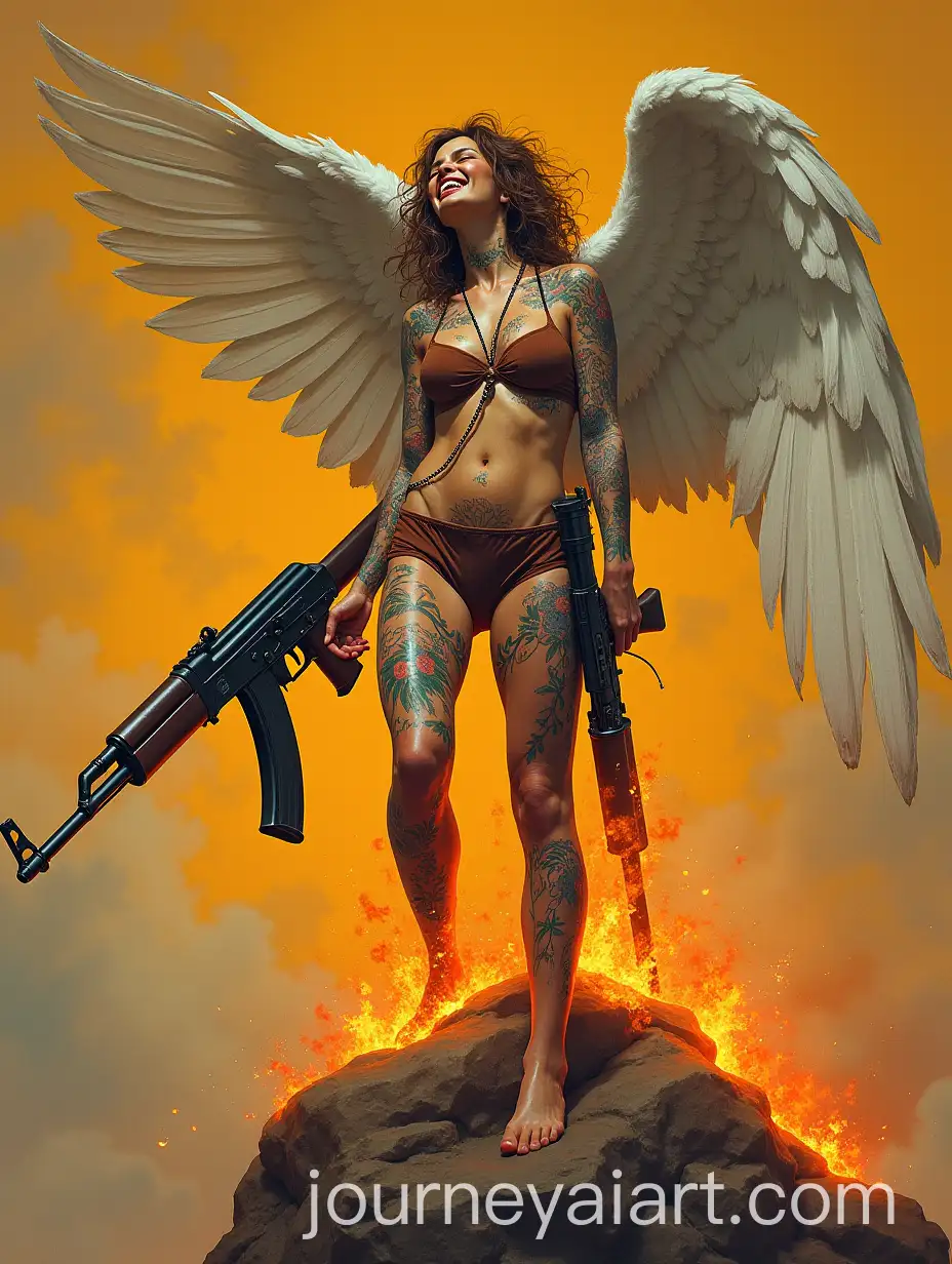 Tattooed-Female-Angel-with-Kalashnikov-and-Cross-on-Burning-Rock-90s-Anime-Style