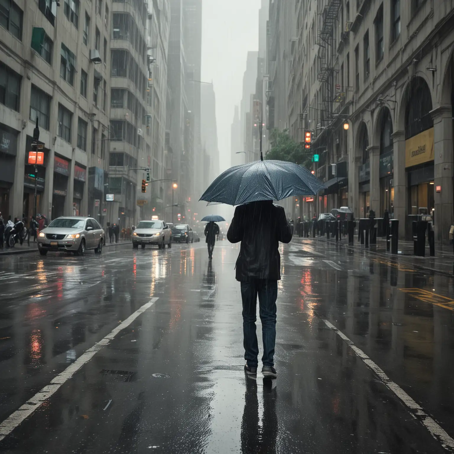 A man walking through a bustling downtown city street on a rainy afternoon, holding an umbrella over his head. The camera is positioned behind him, capturing his back as he moves along the wet pavement. The sky is cloudy and overcast, with the rain creating a misty, atmospheric effect. Surrounding him are modern skyscrapers, other pedestrians with umbrellas, and vehicles on the slick streets. The scene reflects the vibrant yet subdued energy of an urban environment in the rain.