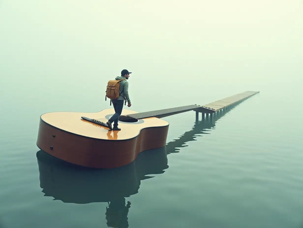 Surreal-Scene-of-Traveler-Walking-on-Giant-Acoustic-Guitar-Across-Calm-Water