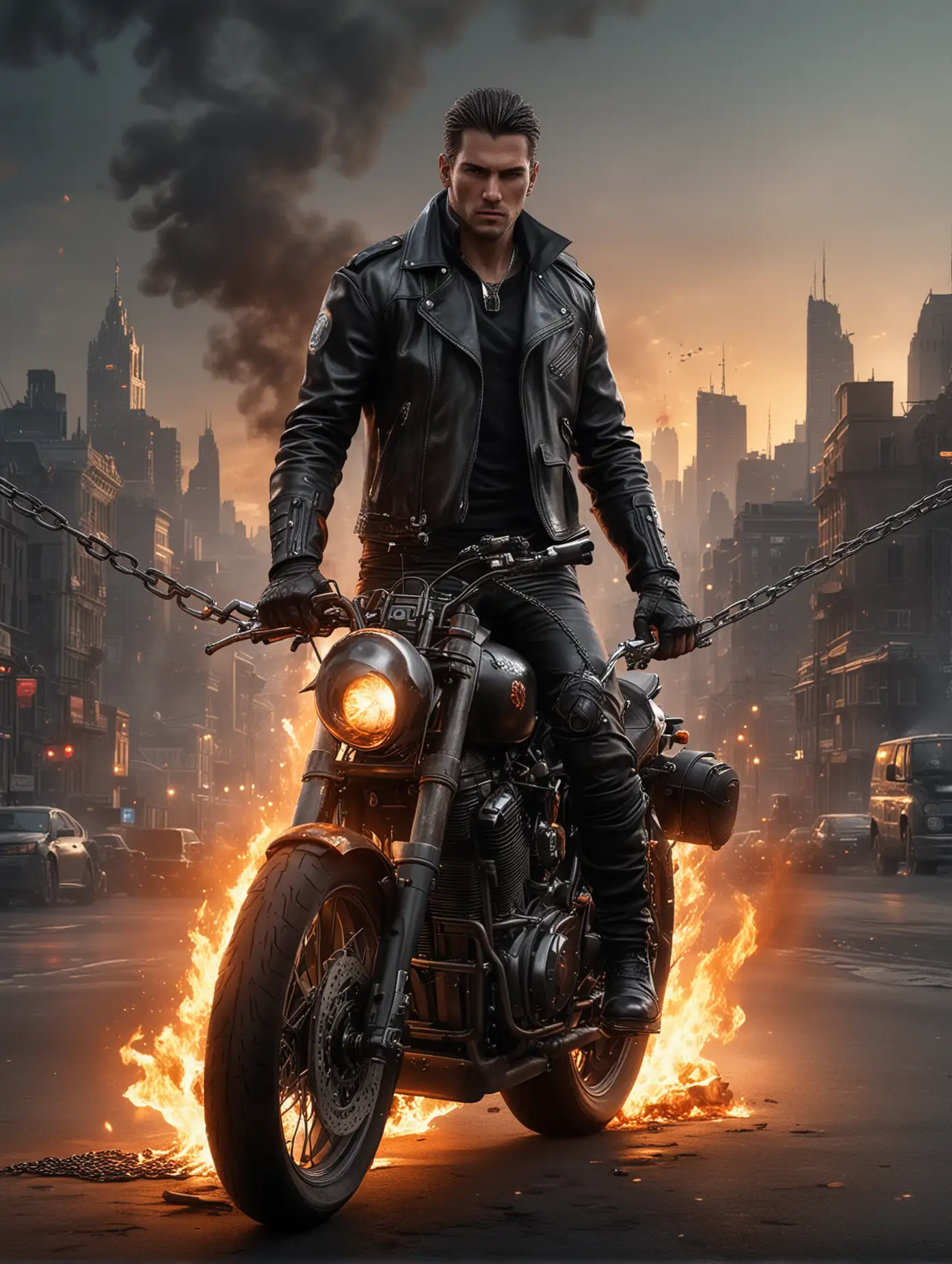 Man-in-Black-Leather-on-a-Burning-Motorcycle-with-Metal-Chain-in-Urban-Setting