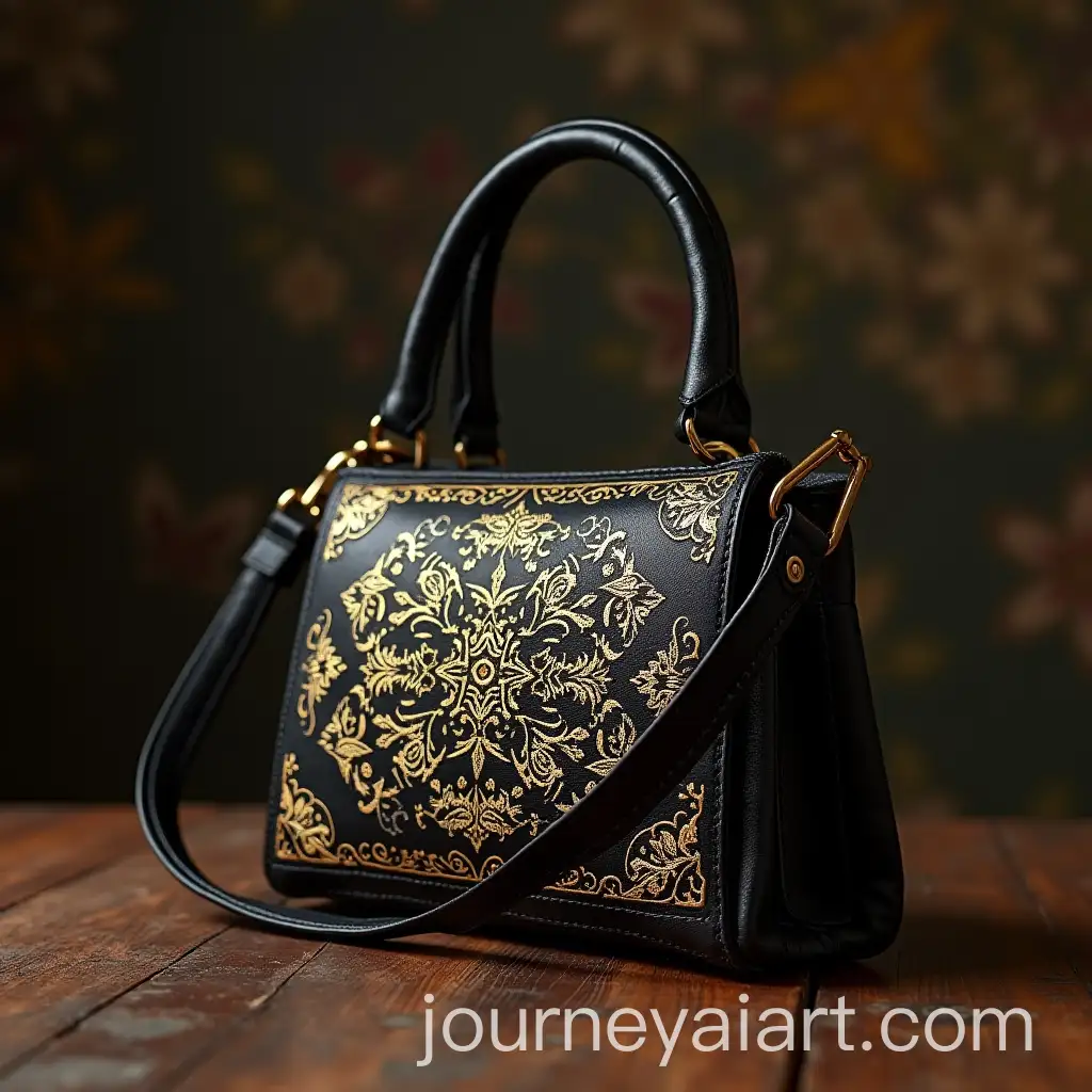 Black-Leather-Handbag-with-Ethnic-Golden-Patterns-on-Table