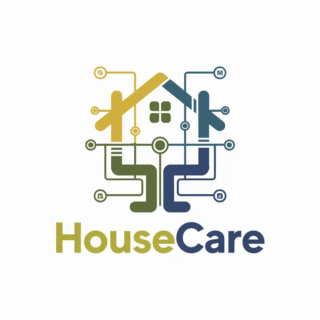 a vector logo design,with the text "HouseCare", main symbol:infrastructure with home automation,yellow-green-blue,complex,be used in Home Family industry,clear background