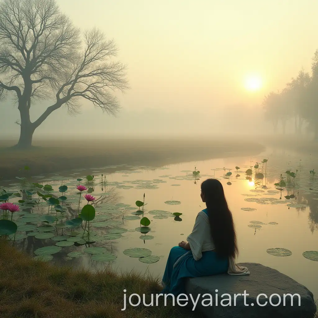 Serene-Winter-Morning-in-a-Rural-Bangladeshi-Village-with-Lotus-Pond-and-Young-Woman-in-Saree