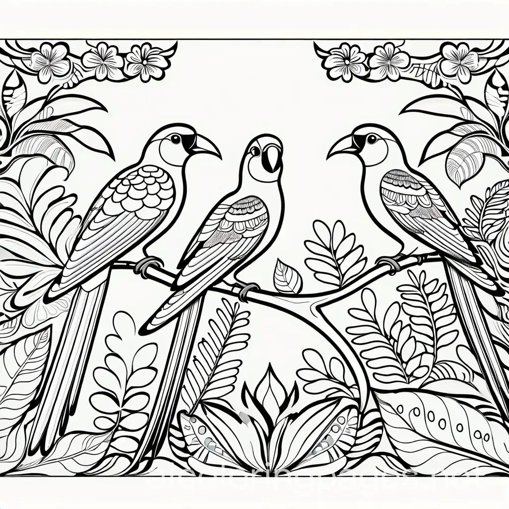 Coloring-Page-of-Colorful-Exotic-Birds-Black-and-White-Line-Art