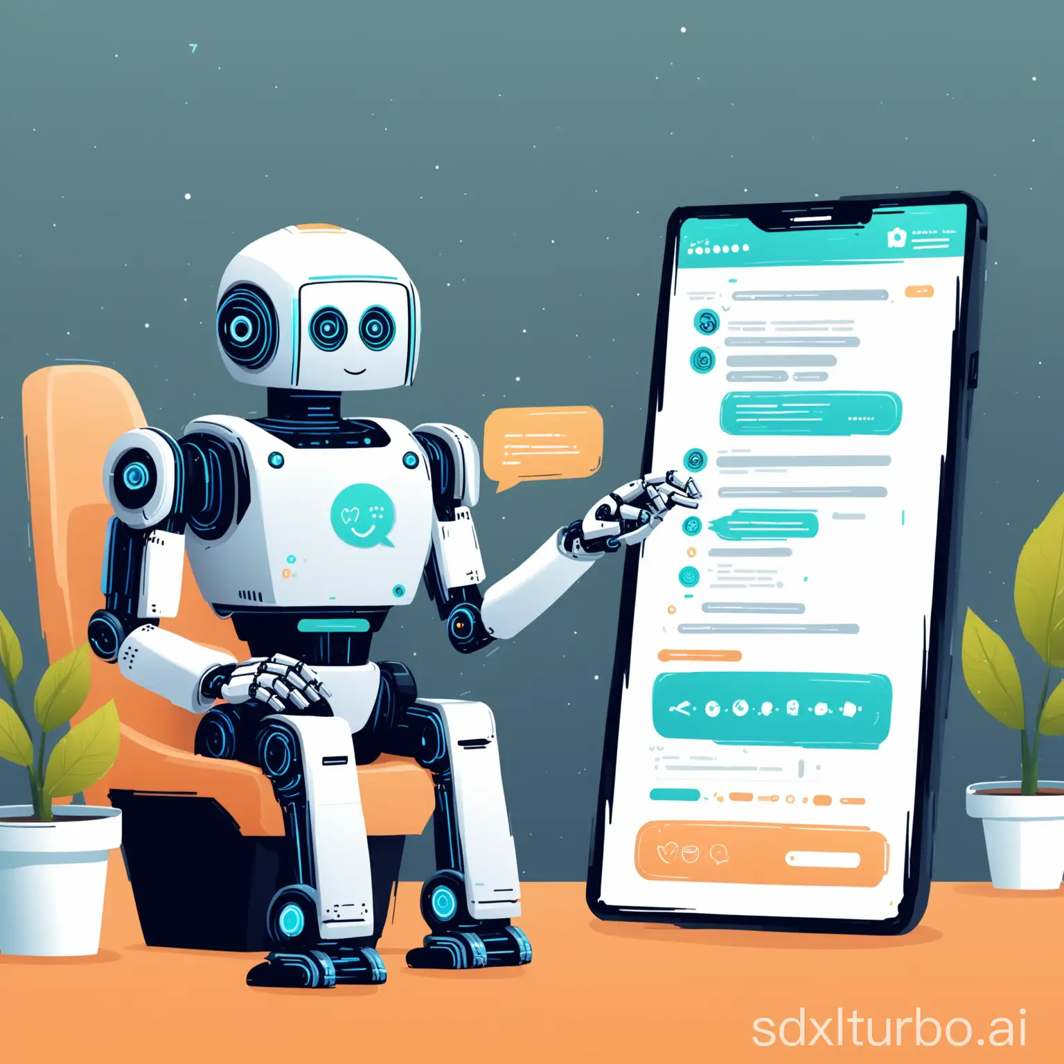 An e-commerce interface with a chatbot assisting a customer, offering personalized recommendations and handling questions about products, with a focus on customer satisfaction and sales growth. There's a robot sitting on one side