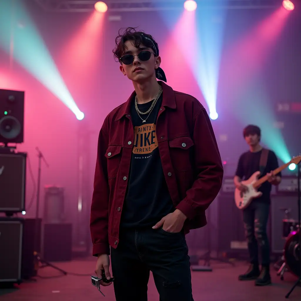 A young Gen Z male model stands confidently in a sundowner band concert setup, ready for the vibe of the evening. He’s styled in a vintage-inspired maroon jacket, left slightly open over a fitted black graphic tee, bringing a nod to 90s grunge. Paired with black distressed jeans and chunky, high-top combat boots, his look exudes a relaxed yet edgy aesthetic. A bandana is tied around his head in a casual, offbeat way, and he's wearing dark, oval-shaped sunglasses that add an effortlessly cool touch to the outfit. The concert setup in the background features a blend of soft pink and teal lighting that illuminates the scene, creating an energetic yet chill ambiance. He stands with one hand in his pocket, the other holding a disposable camera or phone to capture the moment, capturing the essence of hype streetwear in a concert-ready style.