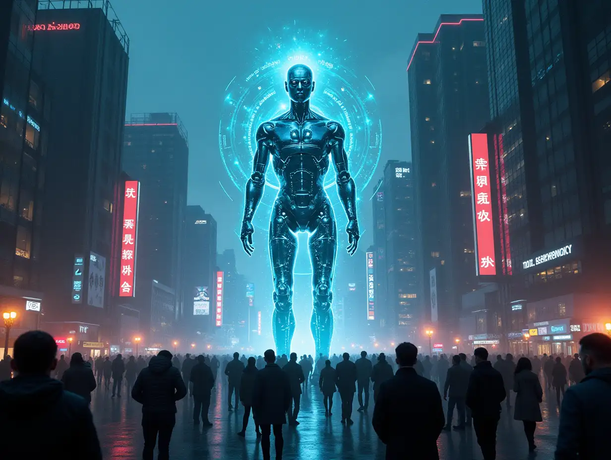 A dystopian cityscape illuminated by glowing holographic AI interfaces, with towering robotic figures monitoring people in a bustling, futuristic urban environment. The scene combines high-tech elements with an ominous undertone, highlighting the tension between innovation and control.