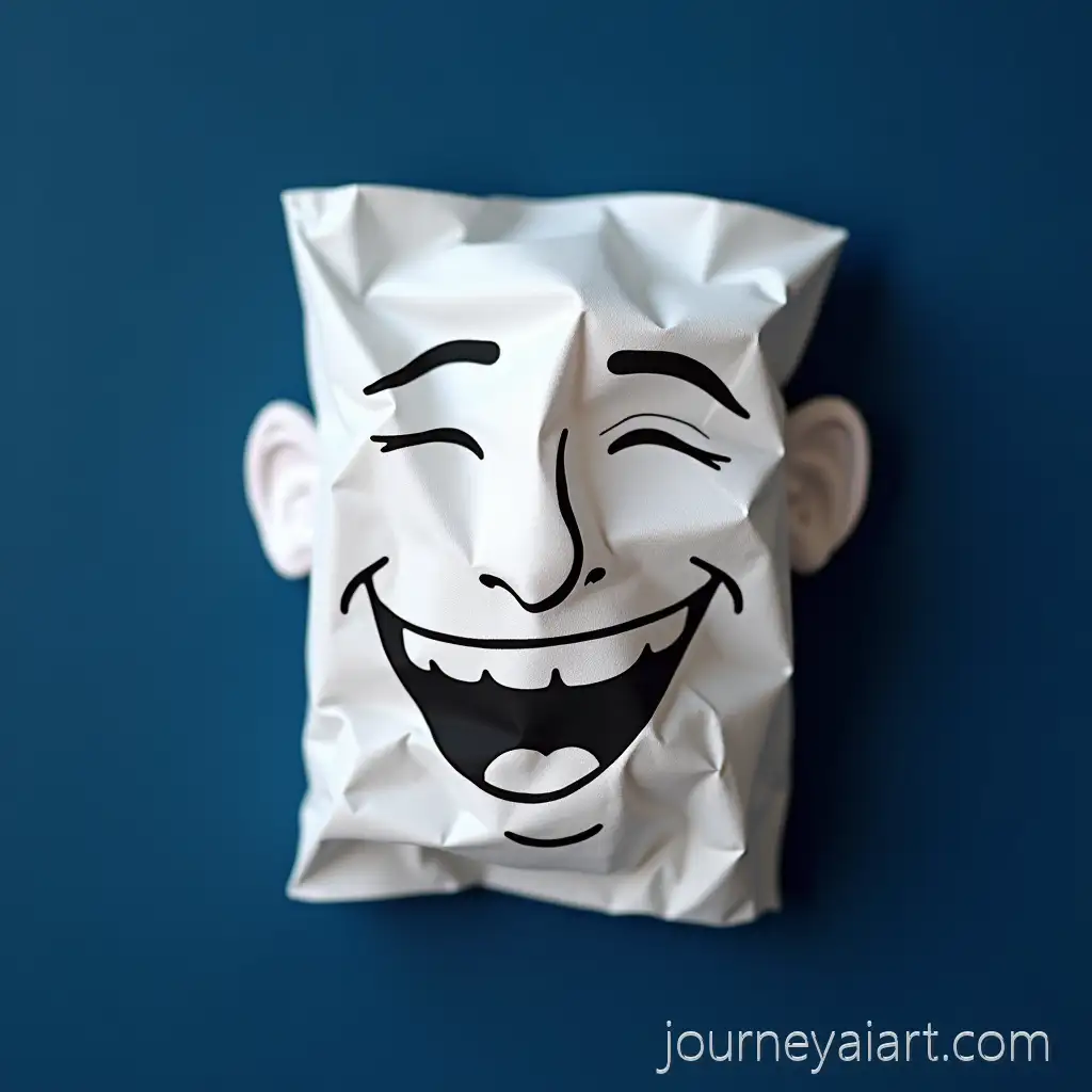 Crumpled-KleAI-Image-Prompt-Expansionenex-Tissue-Forming-a-Mans-Laughing-Face-Against-Navy-Blue-Background