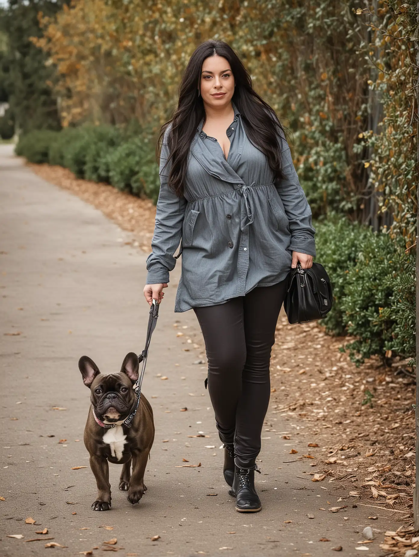 Chubby-Woman-Walking-with-Dark-French-Bulldog-in-a-Scenic-Outdoor-Setting