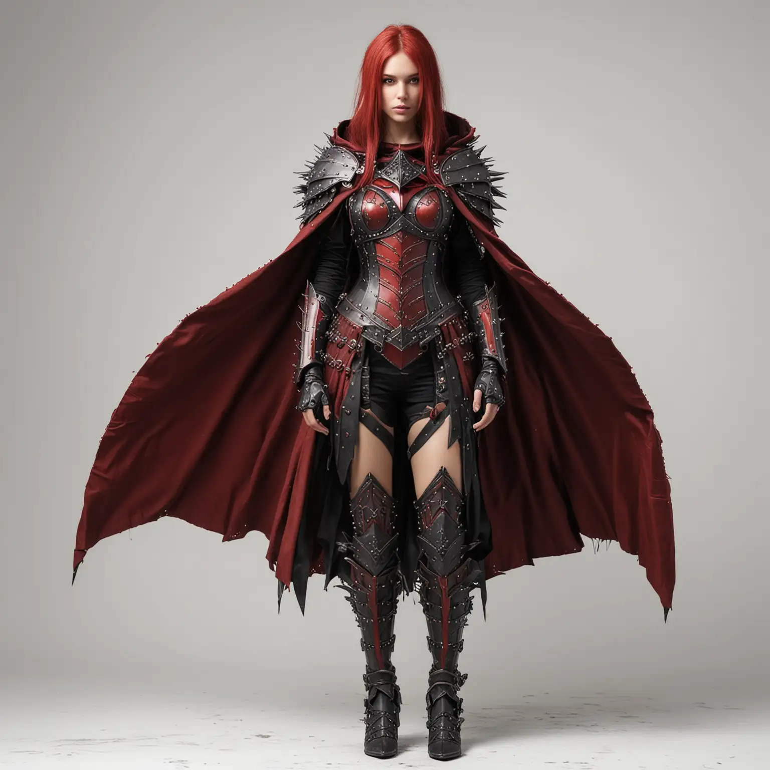 Fantasy-Female-Warrior-in-Black-and-Red-Steel-Armor-with-Cloak-and-Spikes